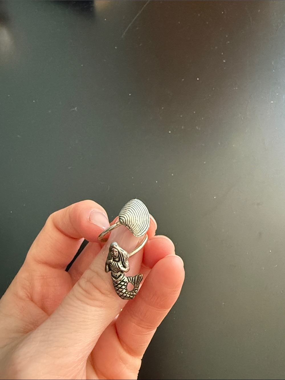 Mermaid & Shell Silver Tone Adjustable Ring